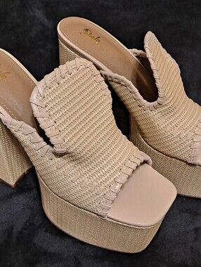Sheln Woven Platform Block Heel Mules in Cream Sz 8
